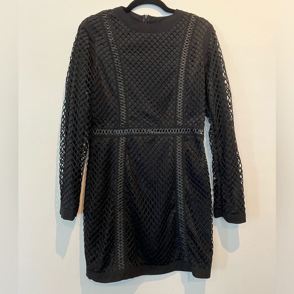 Prettylittlething black net knit dress with sheer middle size 8 long sleeve